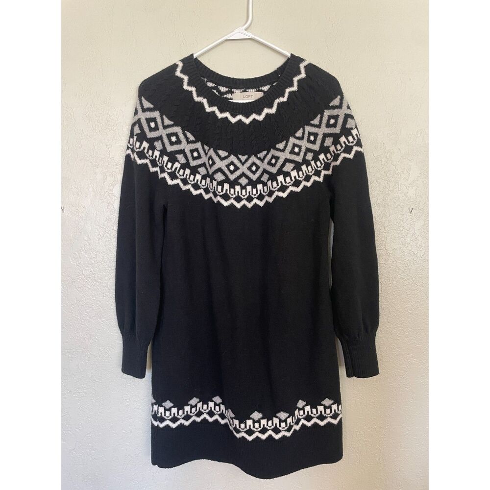 Loft Fair Isle Nordic Sweater Dress Women’s M Black And white